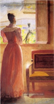  Hut Malerei - Dame an einem Fenster naturalistisch Thomas Pollock Anshutz